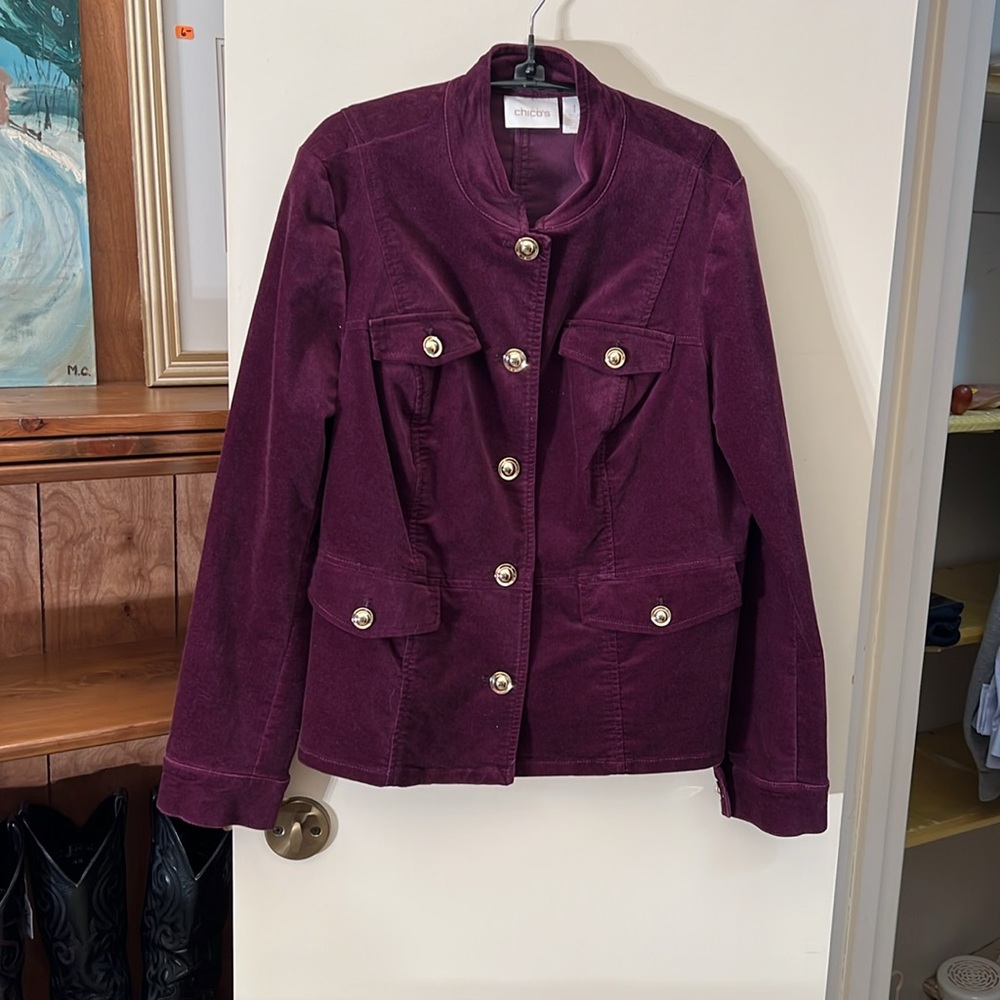 Vintage CHICOS Purple Velvet Jacket with Gold Buttons, size 1